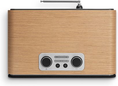 Tischradio Roberts BLUTUNE 300 LE Kirschholz Draufsicht, helles Holzgehäuse und Metallbedienfeld mit Antenne