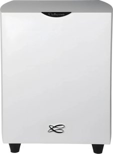 Cabasse Orion matte witte subwoofer, vooraanzicht, kubieke vorm, zwart logo, zwarte poten