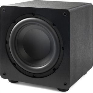 Paradigm Essentials Sub 10 kubisk svart subwoofer med teksturert overflate, sentralt sirkulært høyttalerelement og 4 synlige skruer