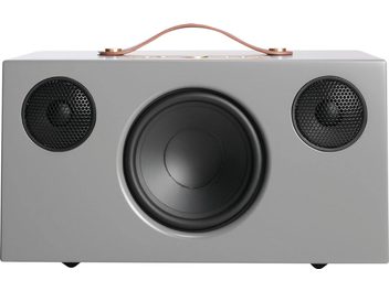 Enceinte Audio Pro ADDON C10 gris, vue de face, forme rectangulaire arrondie, 2 haut-parleurs circulaires, 1 haut-parleur central rond, poignée en cuir marron sur le dessus