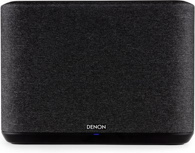 Trådløs højttaler Denon Home 250, sort, med mørkegrå stof-front, afrundede kanter og sort bund med Denon-logo