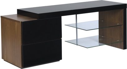 Møblet Ateca Quartz TV-bord i mørkt træ og sort med 2 døre, 2 glashylder og central opbevaringsplads, set forfra