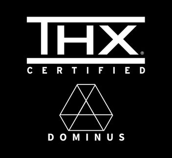 Logo dreptunghiular negru cu text alb "THX CERTIFIED DOMINUS" și un hexagon format din triunghiuri în centru