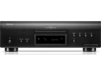 Juoda Denon DCD-1700NE CD grotuvo priekinė dalis su skaitmeniniu ekranu, CD dėklu ir valdymo mygtukais