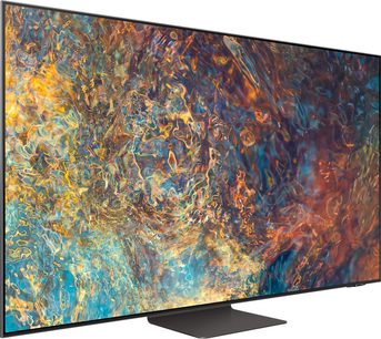 Samsung QE65QN95A-tv met een abstract kleurenbeeld in warme oranje en blauwe tinten