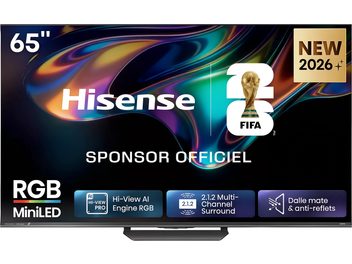 Televisor Hisense 65UR8S de 65 pulgadas, vista frontal, pantalla de bordes finos con imagen abstracta multicolor
