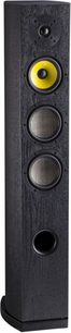 Davis Acoustics Matisse HD søjlehøjttaler i sort askefinér, set forfra, med 4 runde højttalere og 1 gul diskant