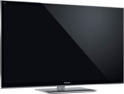 Panasonic TX-P50VT50E fladskærms-TV i sort, set forfra, slukket, på ensfarvet sort baggrund