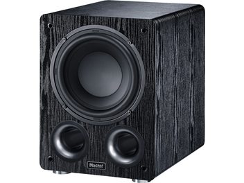 Svart Alpha RS 8 subwoofer med rektangulärt hölje, texturerad frontpanel, centralt cirkulärt högtalarelement, 2 runda basreflexportar