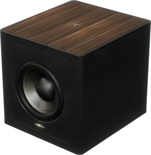 Subwoofer Sonus Faber Gravis III černý, s hnědým žilkovaným vrchem a viditelným předním reproduktorem v tříčtvrtečním pohledu