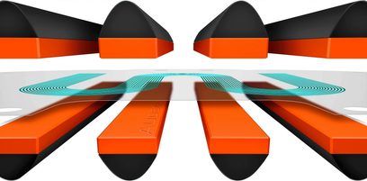 Åben hovedtelefon Audeze LCD-2 Classic sort og orange, set forfra og nedefra, rektangulære ørepuder