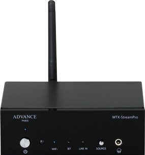 Netværksaudioafspiller Advance Paris WTX-StreamPro sort set forfra, Wi-Fi-antenne rejst, tilslutninger på bagsiden