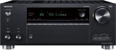 Onkyo TX-RZ740 sort hjemmebiograf-forstærker, frontpanel, frontvisning, grøn "THX Cinema"-skærm, sølvfarvede knapper og drejeknapper