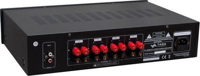 Taga Harmony TA-600MULTI -stereovahvistin, takanäkymä, RCA-liittimet, kaiutinliitännät 4 vyöhykkeelle, virtaliitäntä
