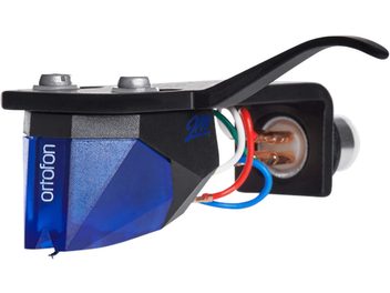 Ortofon 2M BLUE Premounted Cartridge Holder, side view, black body, blue cover, 4 connection wires: red, green, white, blue