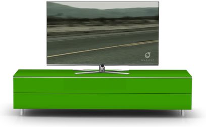 Zelený lakovaný lesklý televizní nábytek Spectral Scala SC1650-SL, pohled zepředu, s plochou obrazovkou položenou na něm