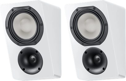 Boxe Dolby Atmos Canton AR 5 alb mat, pereche de boxe murale compacte cu fațadă înclinată, cu woofer negru și tweeter rotund