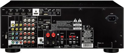 Sort Pioneer HTP-2011 hjemmebiografsystem, set forfra, med audio/video-stik, kontrolknapper og indikatorer