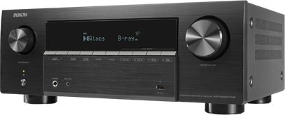 AV receiver Denon AVR-X2900HDAB černý, čelní pohled, velký středový displej a dva široké stříbrné otočné ovladače