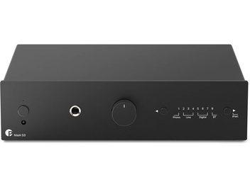 Pro-Ject MaiA S3 stereo integroitu vahvistin, musta, etunäkymä, pelkistetty etupaneeli, jossa suuri keskisäädin ja kuulokeliitäntä