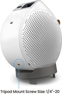 Proyector Benq GV50, vista lateral derecha, carcasa blanca, rejilla perforada circular, soporte gris, fijación roscada inferior
