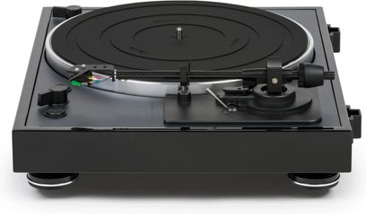 Thorens TD 102 A sort blankpoleret pladespiller, set oppefra, mat sort plade, sølvfarvet tonarm, sorte knapper og fødder