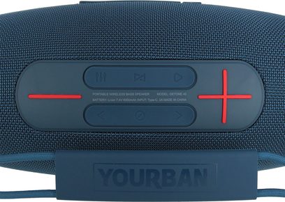 Yourban Getone 45 blå, set ovenfra, tekstureret overflade, røde knapper, synligt Yourban-logo, tekniske detaljer trykt