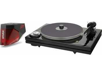 Černý gramofon Music Hall mmf-7.3 s raménkem a přenoskou Ortofon 2M Red zobrazený v detailu
