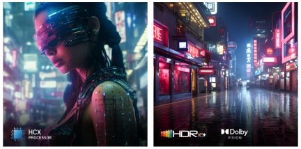 Profilvisning af en person med teknologisk visir, urban natgade oplyst af neonlys, logoer HCX Processor, HDR10+, Dolby Vision
