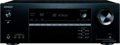 Onkyo TX-SR494DAB sort hjemmebiografsforstærker, frontvisning, grønt display "00 Atmos", kontrolknapper og -hjul