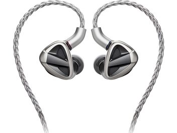 FiiO FH19 sølvfarget in-ear hodetelefoner i metall, trekantede ørepropper med sort teksturert innfelling og silikonplugger, sølvfarget flettet lydkabel, sett forfra