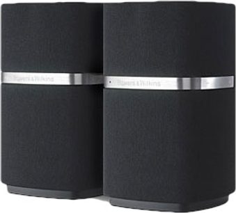 To sorte Bowers & Wilkins MM-1 multimediehøjttalere, set forfra, side om side, med sølvfarvet stribe på forsiden