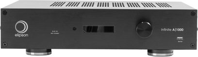 Elipson Infinite A1000 stereoeffektforstærker, set forfra, sort front med ventilationshuller, knapper og USB-porte, aux-indgang