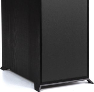 Enceinte colonne Klipsch R-820F noire, vue de côté, caisson en bois noir mat, pied métallique noir brillant