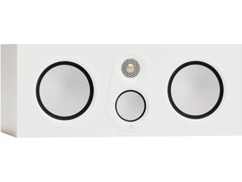İki hoparlörlü ve ortada görünür tweeter'lı beyaz Monitor Audio Silver Centre 8G merkez hoparlörü