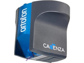 Ortofon Cadenza Blue vinüülplaadi helipea, vaade eest ja küljelt, sinine ja tumehall korpus valge kirjaga