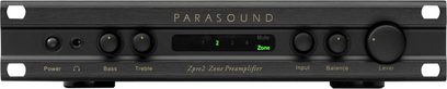 Parasound Zpre 2 black stereo preamplifier, brushed aluminum faceplate, chrome rotary knobs and push buttons