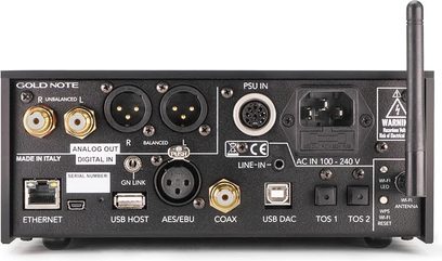 Gold Note DS-10 sort netværksaudioafspiller, bagside, analog og digital lydtilslutning, Ethernet, Wi-Fi, antenne