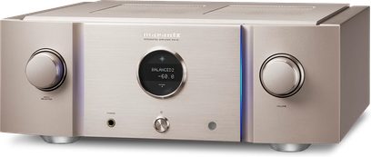 Wzmacniacz hi-fi stereo Marantz PM-10 w kolorze srebrno-złotym, widok z przodu, z dwoma pokrętłami obrotowymi i centralnym wyświetlaczem pokazującym "-60.0"