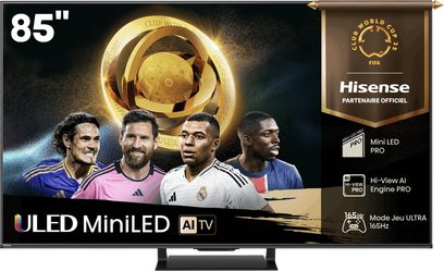 Hisense 85U7Q PRO 85" televizors, skats no priekšas, ekrāns ar plānu melnu stikla rāmi, centrāls taisnstūra kājiņš