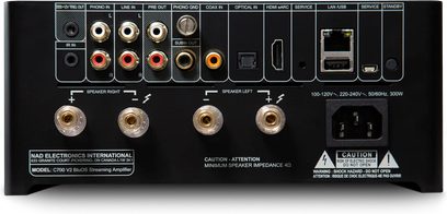 NAD C700 V2, rear view, RCA audio connectors, HDMI, LAN, USB, speaker terminals, power socket, labels