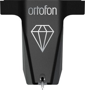 Преден изглед на главата за винилови плочи Ortofon MC X10, с матов черен метален корпус, украсен със сребрист диамантен пиктограма, с странични перки и видим иглодържател в долната част