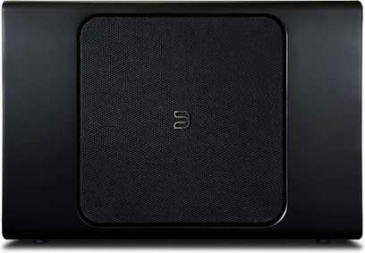 Μαύρο ματ υπογούφερ BlueSound PULSE SUB+, μπροστινή όψη, μαύρο υφασμάτινο πλέγμα, ασημένιο λογότυπο "S" στο κέντρο