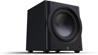 Касон на нискочестотен Perlisten R12s, изглед под ъгъл, черен корпус, кръгъл високоговорител, 4 видими винта, цилиндрични крака