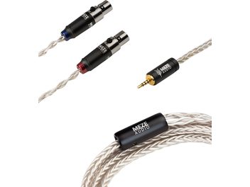 Premium sivi-srebrni pleteni kabel mini XLR na 2,5 mm Jack Meze Audio iz kovine, cilindrični črno-srebrni mini XLR konektorji z modrimi in rdečimi oznakami, pozlačen 2,5 mm Jack priključek ter črn razdelilnik z logotipom, pogled od zgoraj na belem ozadju