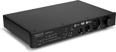 Hi-Fi-Kopfhörervorverstärker Questyle CMA Fifteen schwarz, Frontansicht mit großem Lautstärkeregler und verschiedenen Kopfhörerausgängen