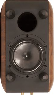 Cassa compatta con cabinet in impiallacciato di legno marrone verniciato, frontale nero opaco visto di fronte, condotto reflex circolare superiore, altoparlante woofer-midrange centrale grigio scuro e quattro piedini angolari neri