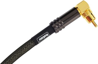 Kabel til subwoofer Real Cable Sub 1801 sort med forgyldt RCA-stik i den ene ende og flettet kappe