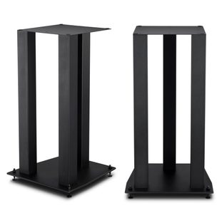 Para podstawek głośnikowych MoFi Electronics SourcePoint 8, czarne, metalowe, z kolcami, widok z przodu i z ukosa