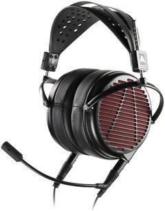 Siyah Audeze LCD-GX açık kulaklık, kulaklık kapaklarında kırmızı metal ızgara, dolgulu kafa bandı, çıkarılabilir mikrofon